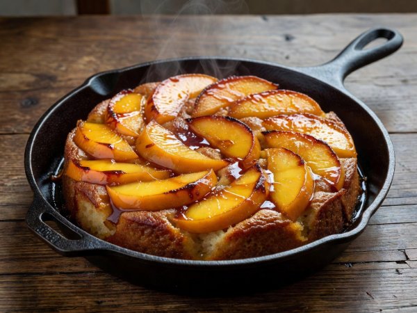 Cast iron skillet holding a freshly baked browned-butter mango upside-down cake with glossy amber mango slices