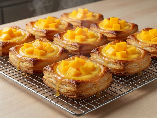 Square laminated Danish pastries filled with baked mango custard and diced fresh mango cooling on a wire grid