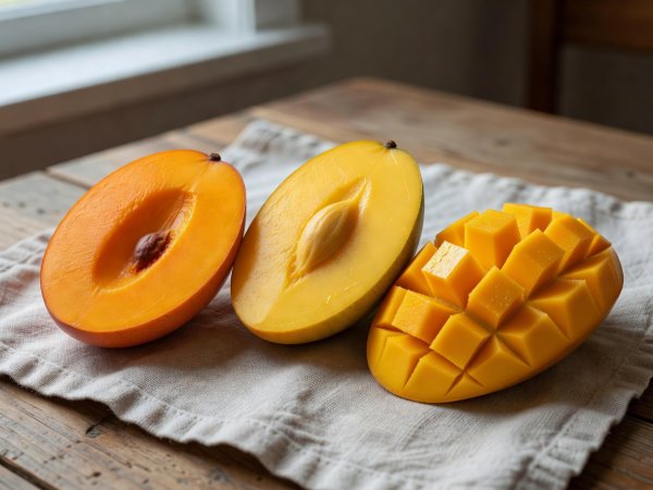 Three different mango varieties halved on a linen cloth showing deep orange Alphonso, golden Ataulfo, and diced Kent flesh