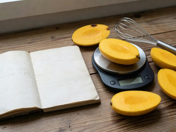 Open handwritten recipe notebook beside a digital gram scale, halved mangoes, and a stainless whisk on a wooden counter