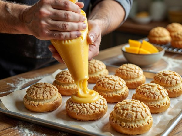 Baker piping golden mango diplomat cream into crisp craquelin choux puffs on a parchment-lined baking tray
