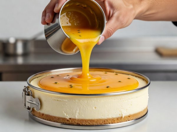Baker pouring a mirror-bright mango passionfruit glaze over a chilled cream cheese cake in a springform ring