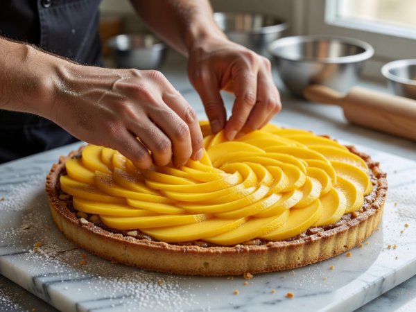 Pastry chef arranging thin overlapping ribbons of fresh yellow mango across a baked almond tart on a marble slab
