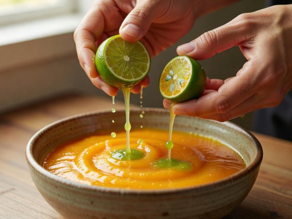 Hands squeezing fresh green lime and calamansi juice into a ceramic bowl of rich orange mango purée