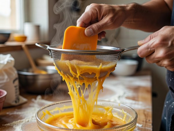 Baker pressing cooked mango purée through a fine-mesh stainless steel bouillon strainer using a flexible bowl scraper