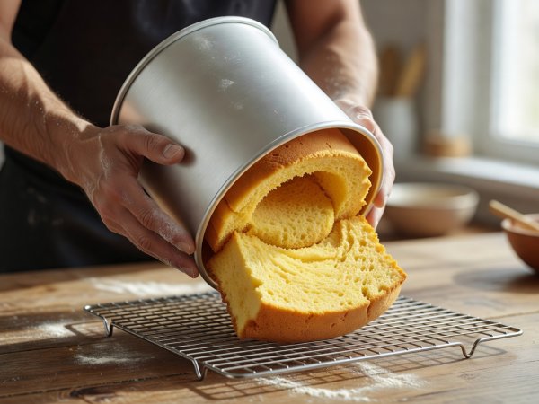 Baker inverting a tall golden mango chiffon cake from an aluminum tube pan onto a cooling rack in natural daylight