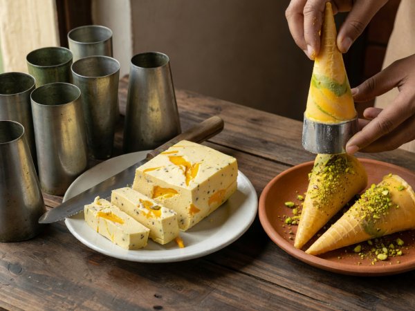 Traditional conical metal kulfi moulds beside sliced saffron mango kulfi garnished with crushed green pistachios