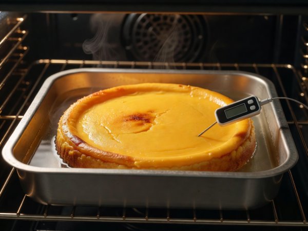 Golden baked mango cheesecake resting in a roasting pan water bath with a digital thermometer reading 66 degrees Celsius