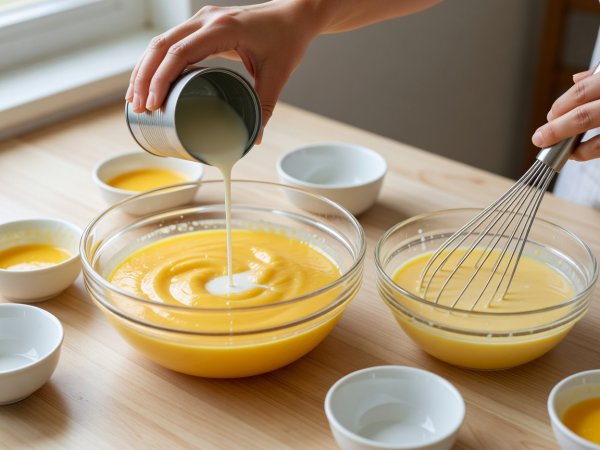 Hands pouring evaporated milk into a glass bowl of golden mango pudding mixture alongside porcelain ramekins